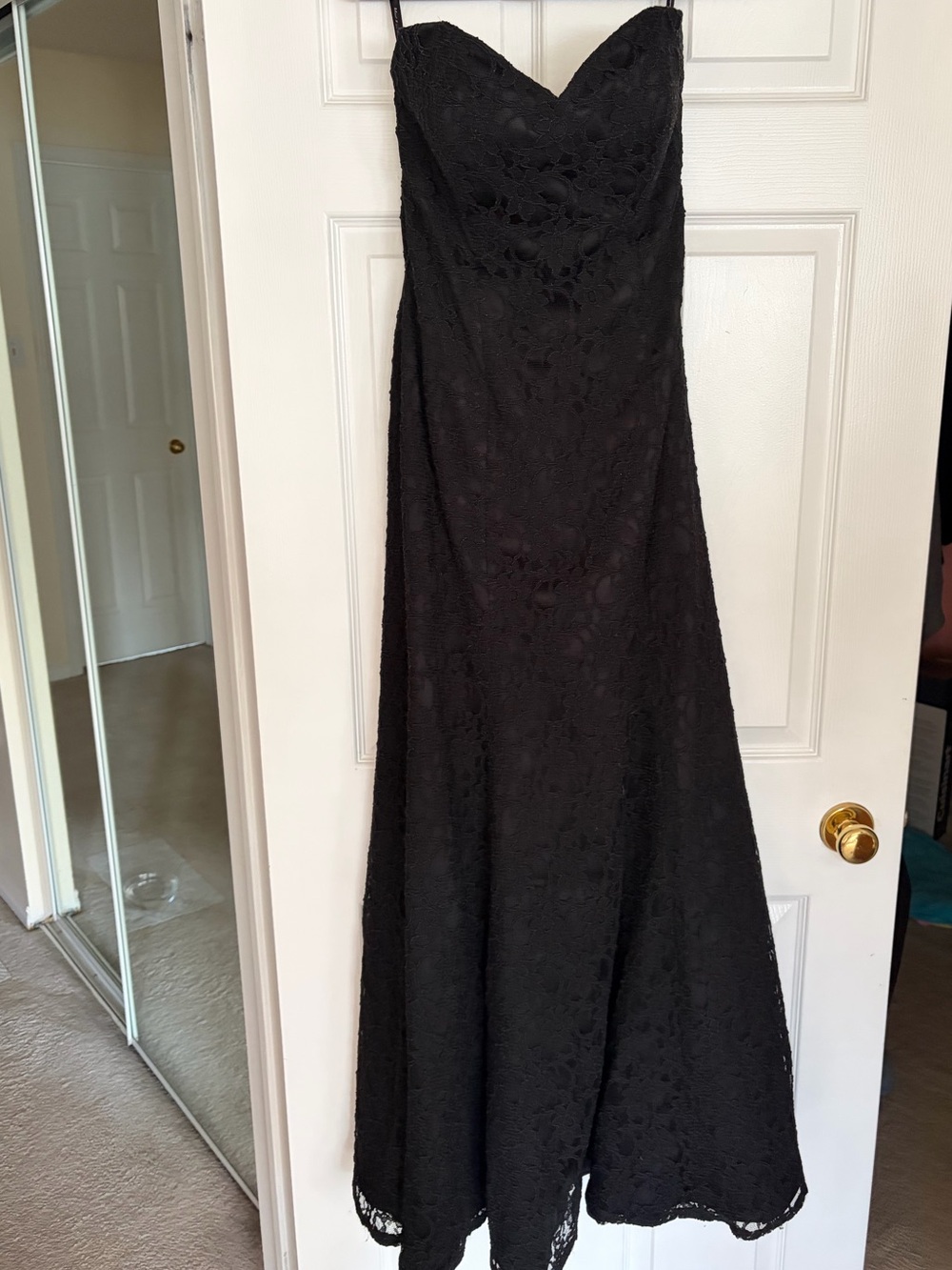 Mori Lee Black Strapless Lace Evening Gown